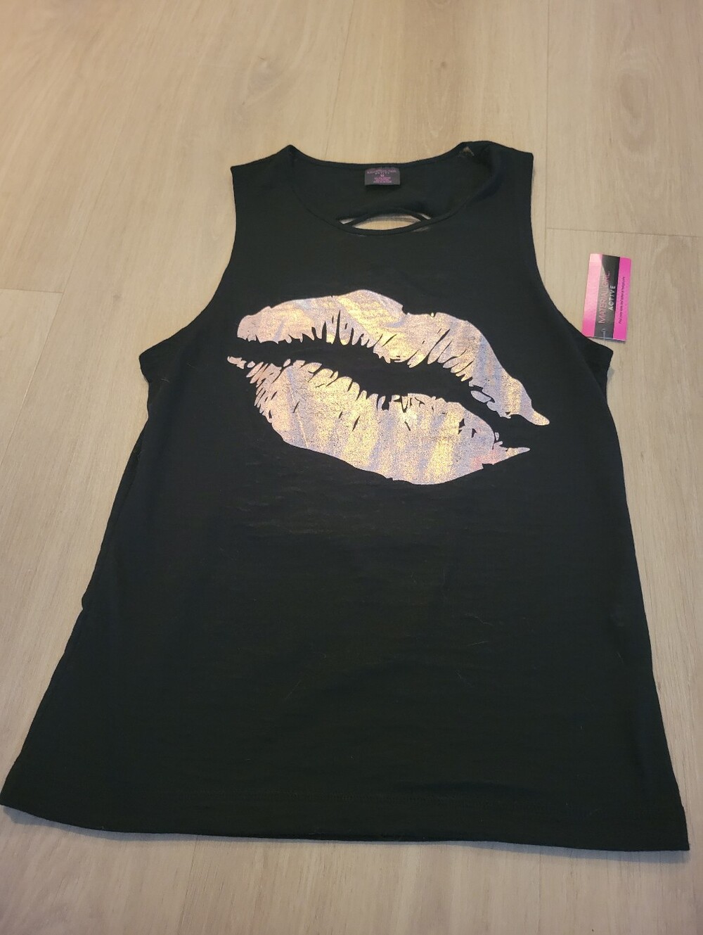 Women’s Black Tank Top with Iridescent Pink Lip Print - NWT size Med